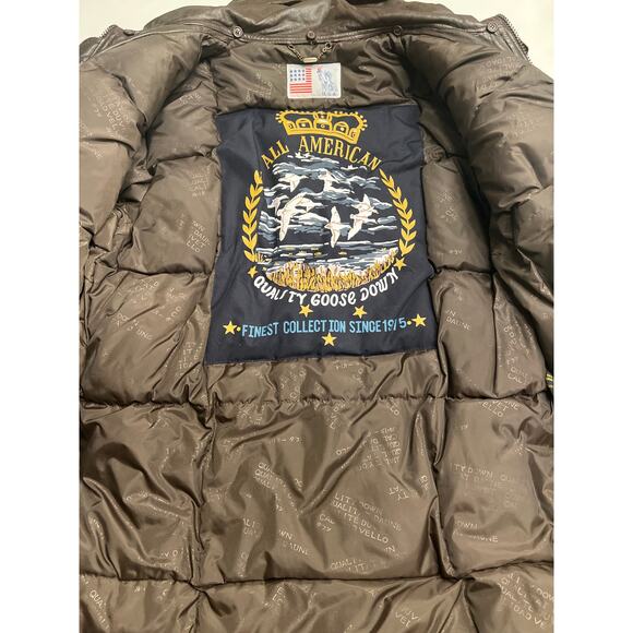 Vintage All American Men's Brown Leather Down Long Hooded Zip Coat Size Large - Picture 8 of 13